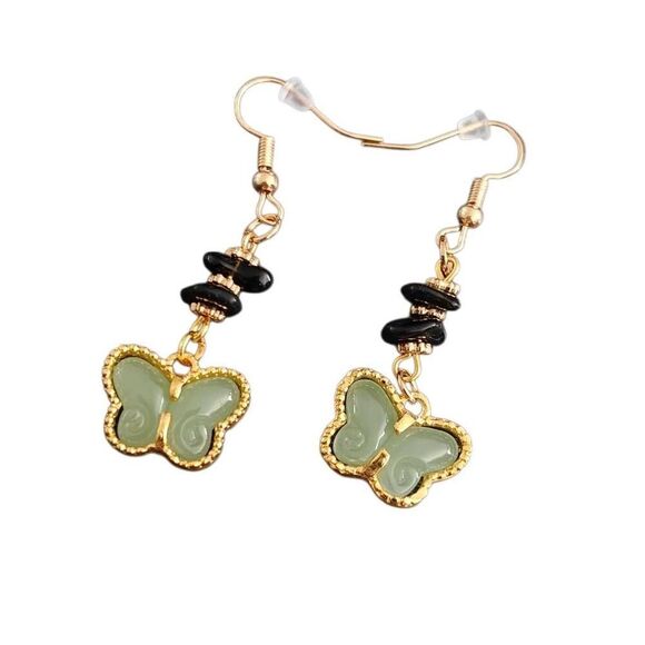 Faux Jade Butterfly Stone Dangle Earrings - Picture 2 of 4